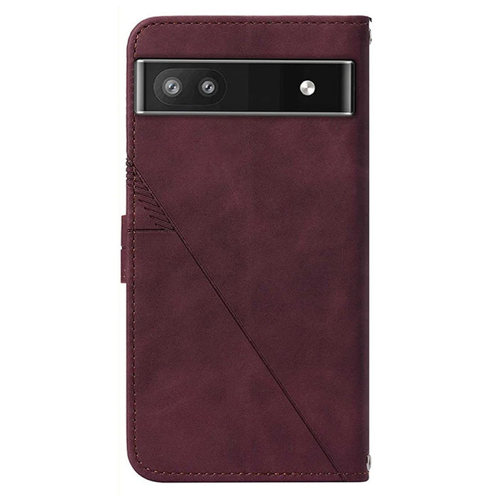 For Google Pixel 6a Leather Case with Shoulder Strap Wallet Stand Phone Cover - Wine Red - 3