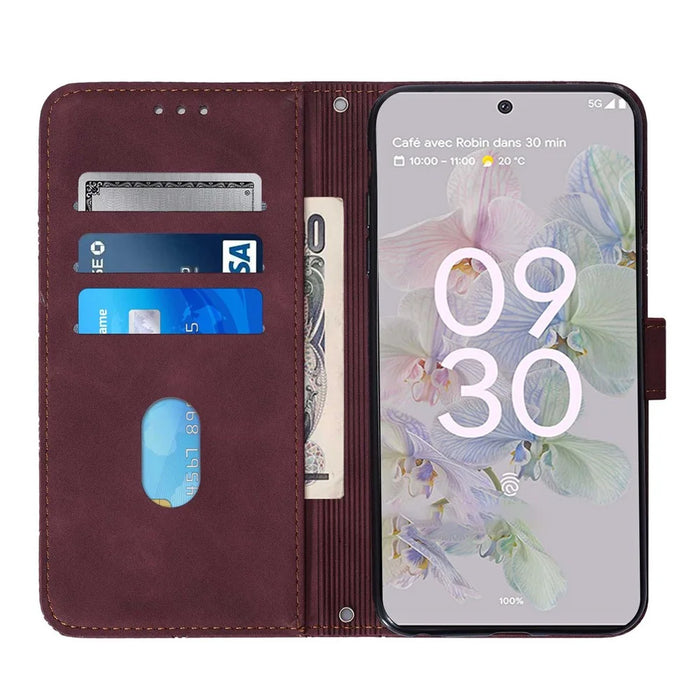 For Google Pixel 6a Leather Case with Shoulder Strap Wallet Stand Phone Cover - Wine Red - 4