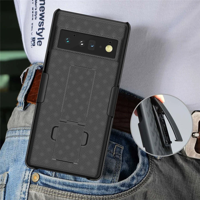 For Google Pixel 6 Pro Screen Sliding Cover Woven Texture PC + TPU Phone Case with Rotary Clip Kickstand - 4