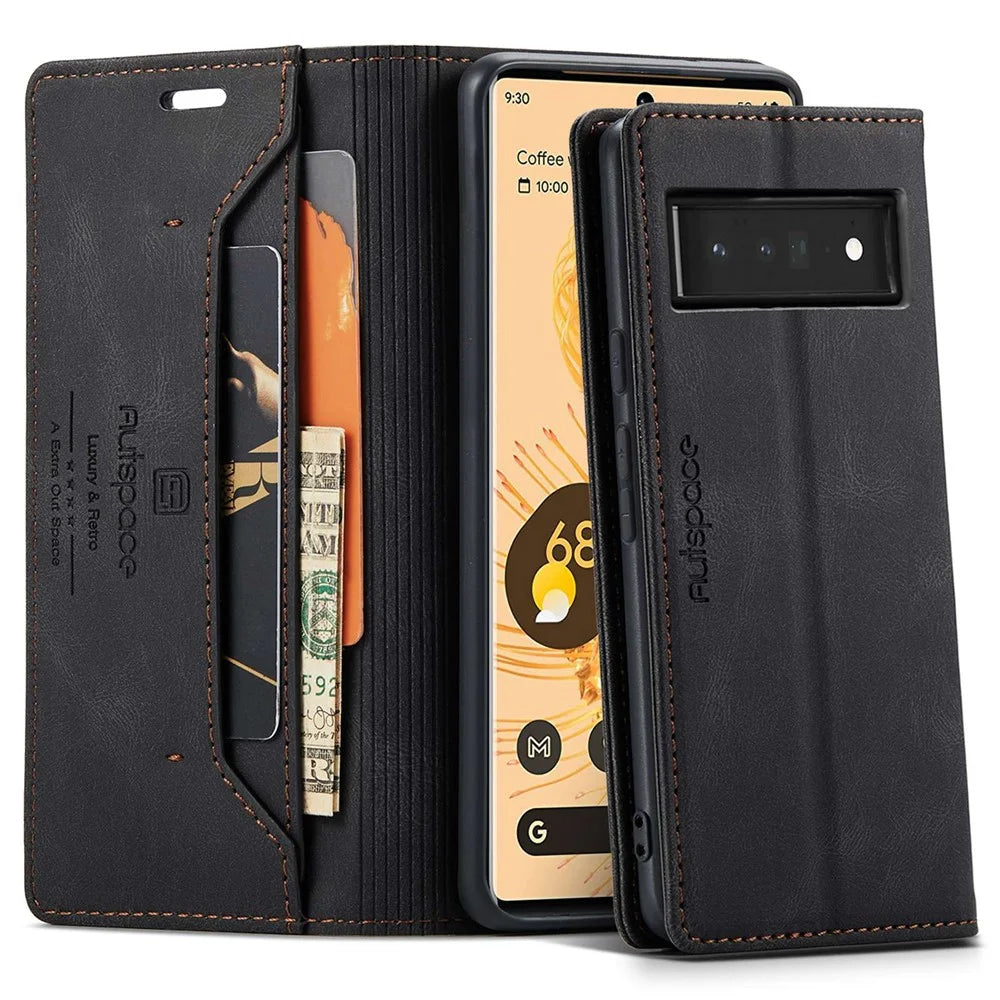 AUTSPACE A01 Series for Google Pixel 6 Pro PU Leather Case RFID Blocking Retro Wallet Stand Flip Cover - Black - 1