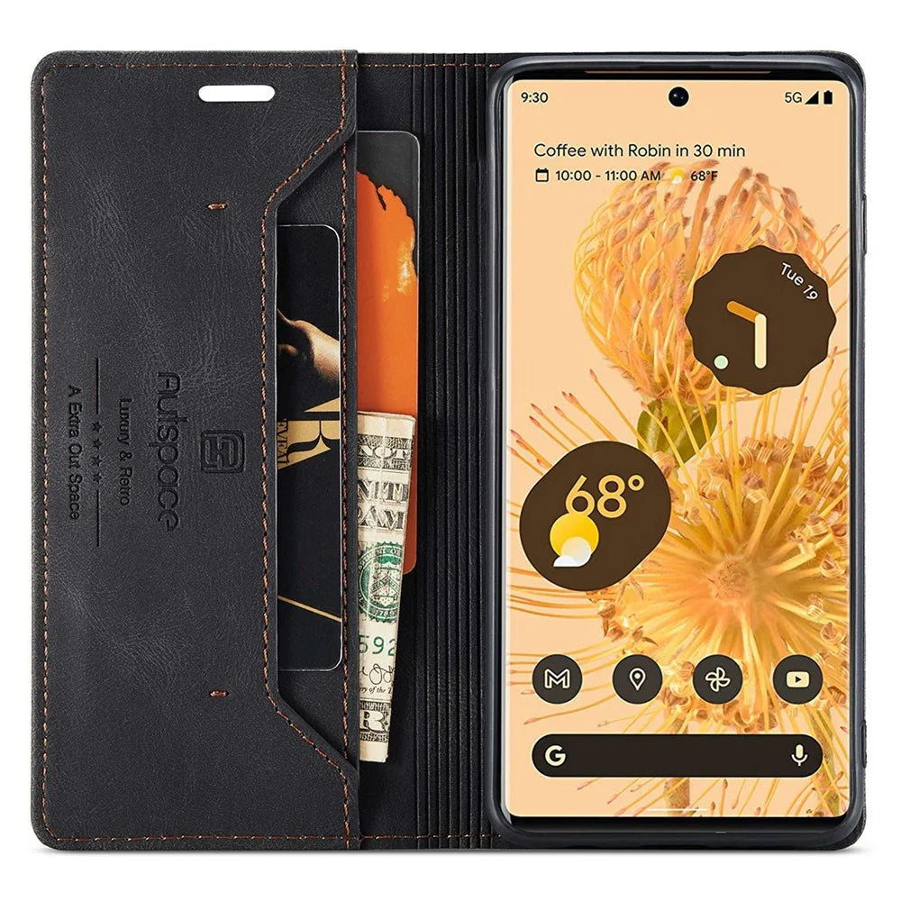 AUTSPACE A01 Series for Google Pixel 6 Pro PU Leather Case RFID Blocking Retro Wallet Stand Flip Cover - Black - 2