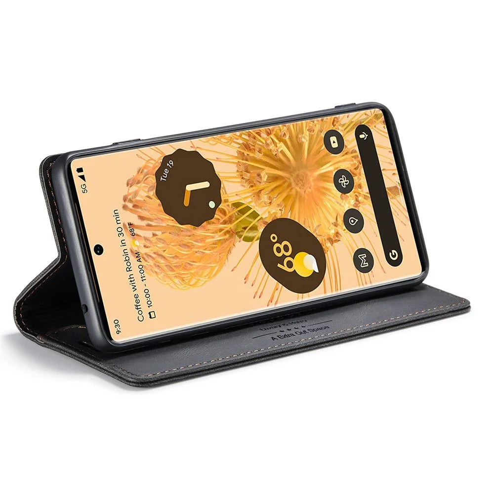 AUTSPACE A01 Series for Google Pixel 6 Pro PU Leather Case RFID Blocking Retro Wallet Stand Flip Cover - Black - 3