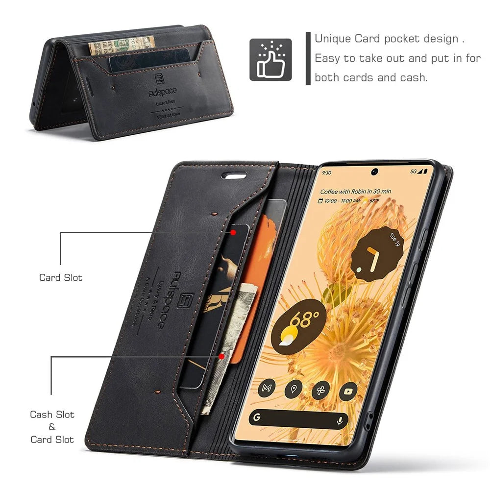 AUTSPACE A01 Series for Google Pixel 6 Pro PU Leather Case RFID Blocking Retro Wallet Stand Flip Cover - Black - 4