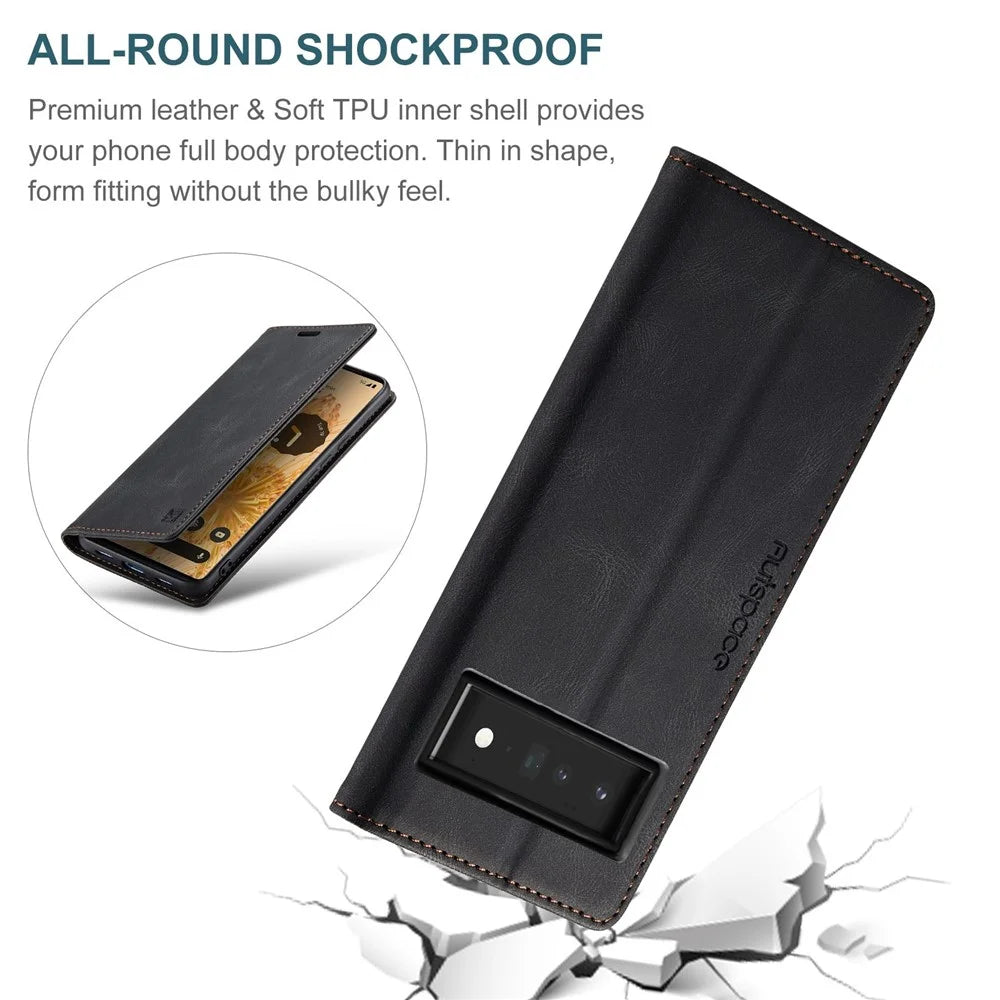 AUTSPACE A01 Series for Google Pixel 6 Pro PU Leather Case RFID Blocking Retro Wallet Stand Flip Cover - Black - 6