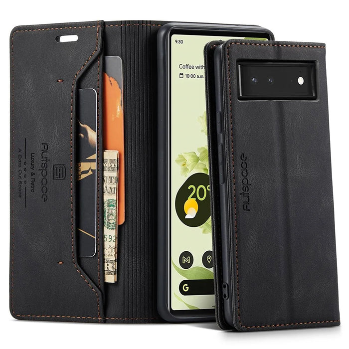 AUTSPACE A01 Series for Google Pixel 6 PU Leather Case RFID Blocking Wallet Stand Flip Cover - Black - 1