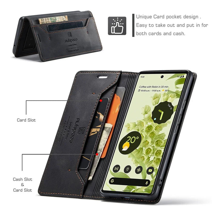 AUTSPACE A01 Series for Google Pixel 6 PU Leather Case RFID Blocking Wallet Stand Flip Cover - Black - 4