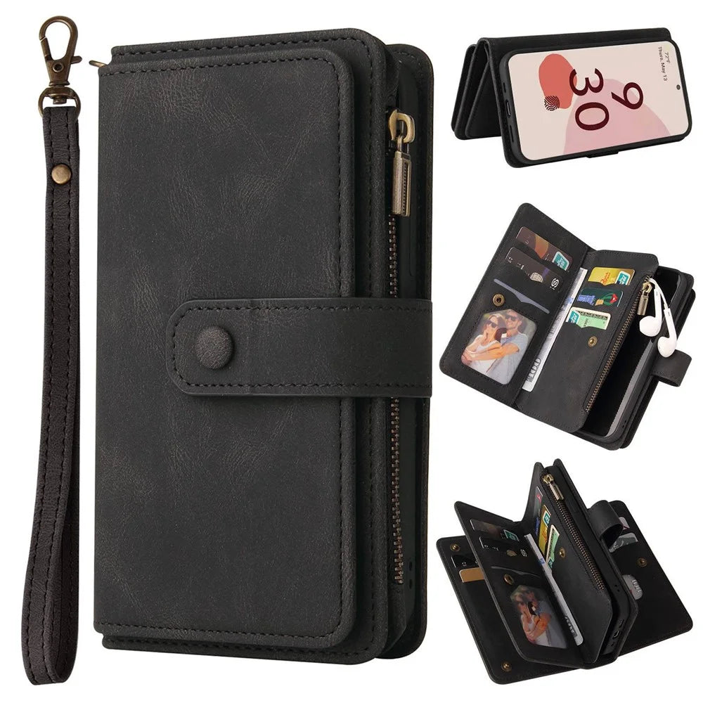 For Google Pixel 7 Pro 5G Zipper Wallet Case with 15 Card Slots and Strap Leather Phone Cover - Black - 1