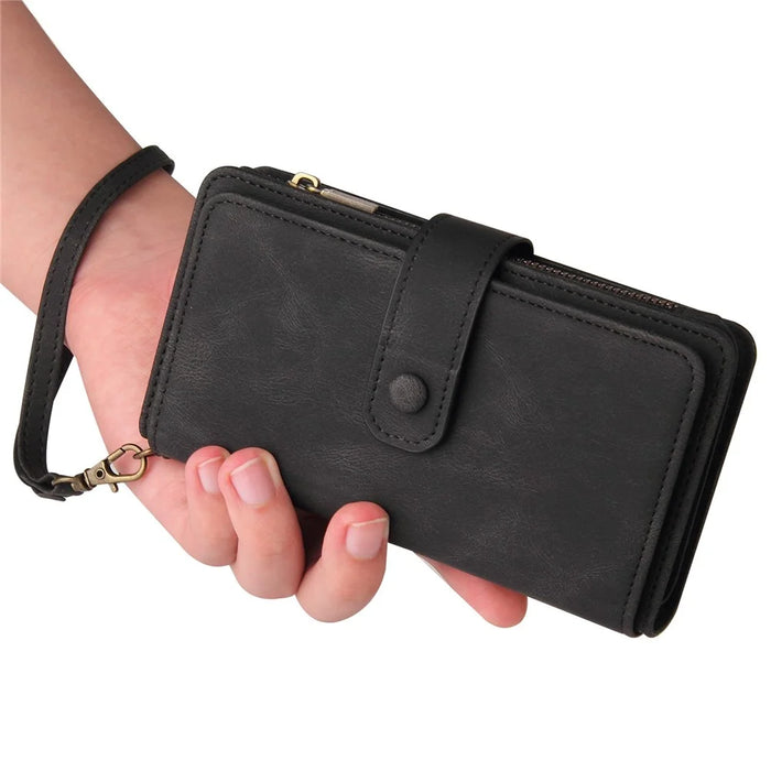 For Google Pixel 7 Pro 5G Zipper Wallet Case with 15 Card Slots and Strap Leather Phone Cover - Black - 2