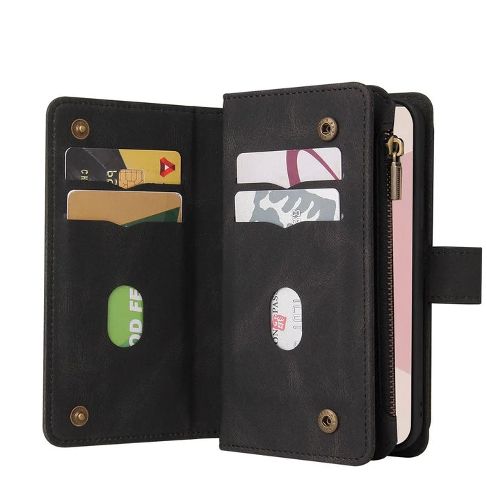For Google Pixel 7 Pro 5G Zipper Wallet Case with 15 Card Slots and Strap Leather Phone Cover - Black - 5