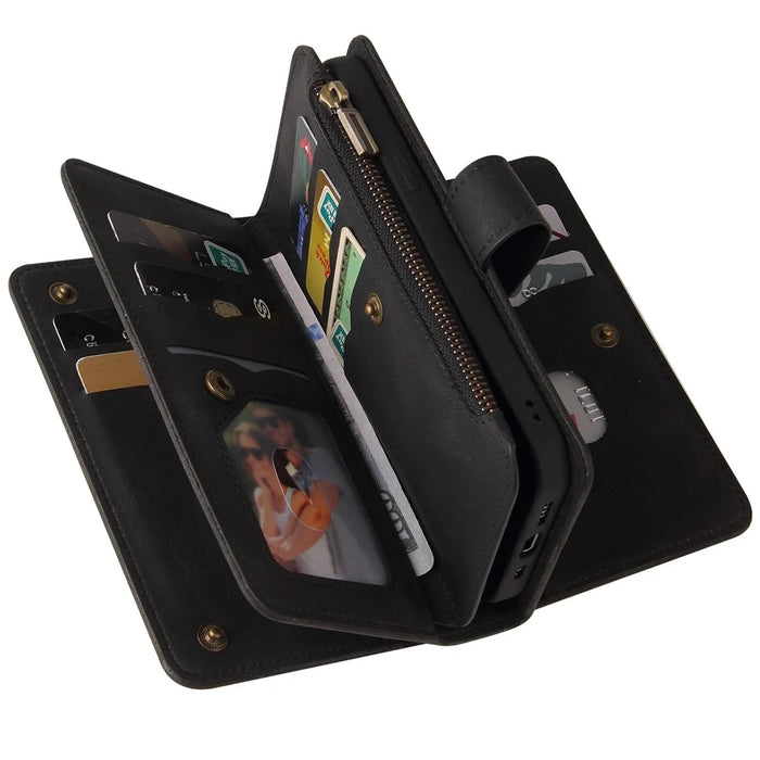 For Google Pixel 7 Pro 5G Zipper Wallet Case with 15 Card Slots and Strap Leather Phone Cover - Black - 6