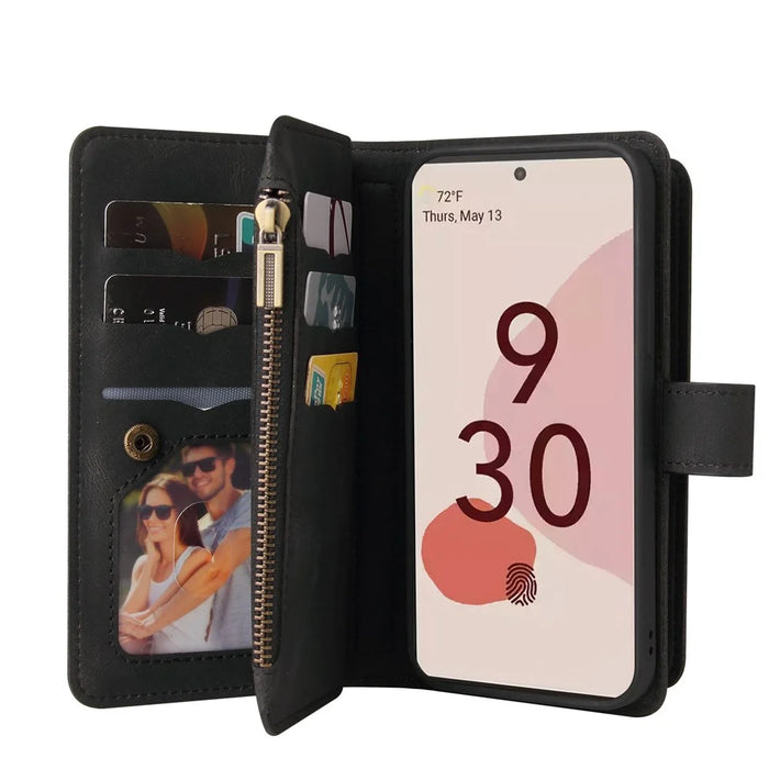 For Google Pixel 7 Pro 5G Zipper Wallet Case with 15 Card Slots and Strap Leather Phone Cover - Black - 7