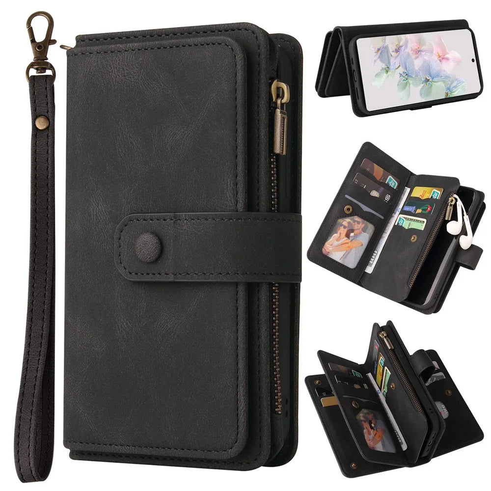 For Google Pixel 7 5G Zipper Wallet Case with 15 Card Slots and Strap Leather Phone Cover - Black - 1