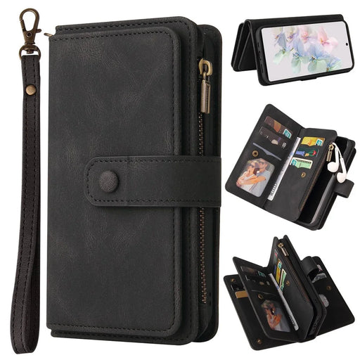 For Google Pixel 7 5G Zipper Wallet Case with 15 Card Slots and Strap Leather Phone Cover - Black - 1