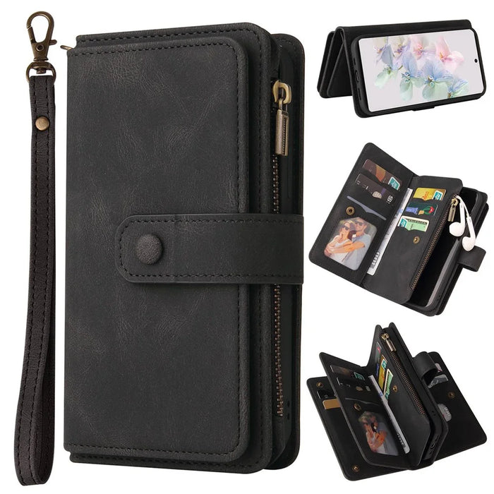 For Google Pixel 7 5G Zipper Wallet Case with 15 Card Slots and Strap Leather Phone Cover - Black - 1