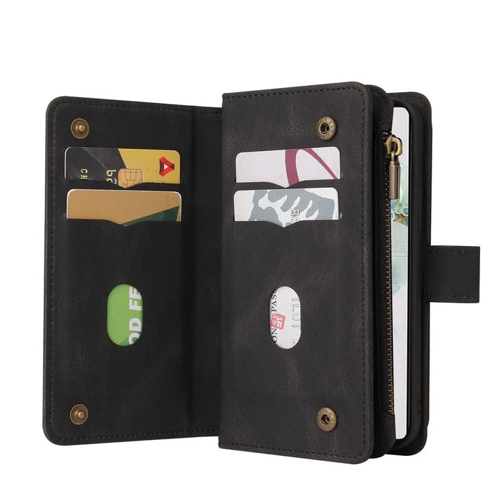 For Google Pixel 7 5G Zipper Wallet Case with 15 Card Slots and Strap Leather Phone Cover - Black - 6
