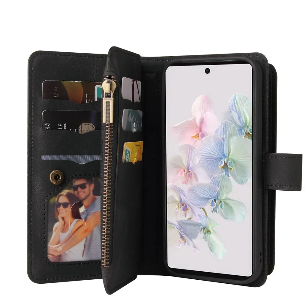 For Google Pixel 7 5G Zipper Wallet Case with 15 Card Slots and Strap Leather Phone Cover - Black - 7