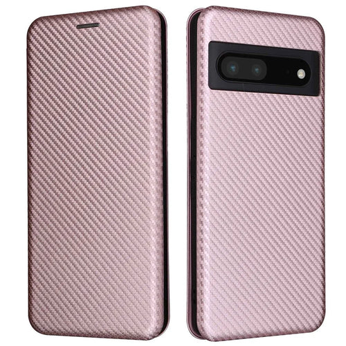 For Google Pixel 7 Pro 5G PU Leather Carbon Fiber Texture Cover Card Holder Stand Smartphone Protector - Rose Gold - 1