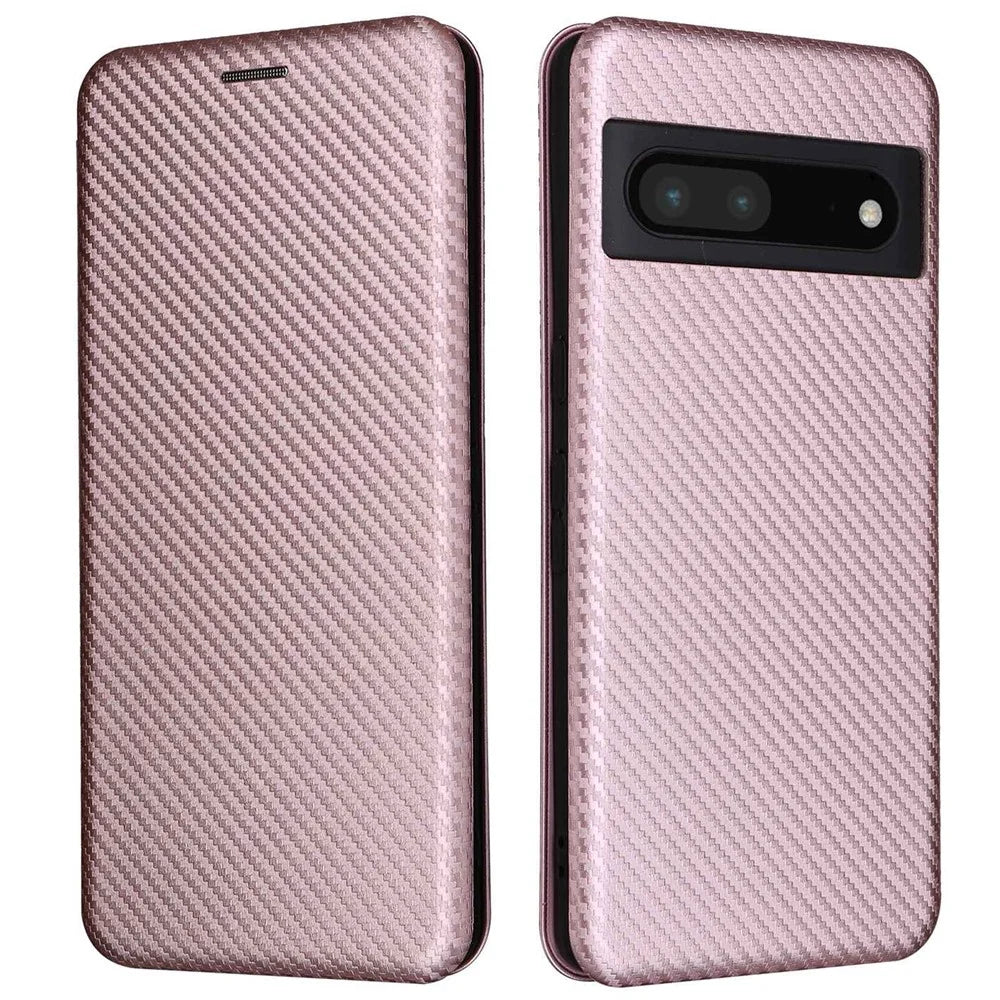 For Google Pixel 7 Pro 5G PU Leather Carbon Fiber Texture Cover Card Holder Stand Smartphone Protector - Rose Gold - 1