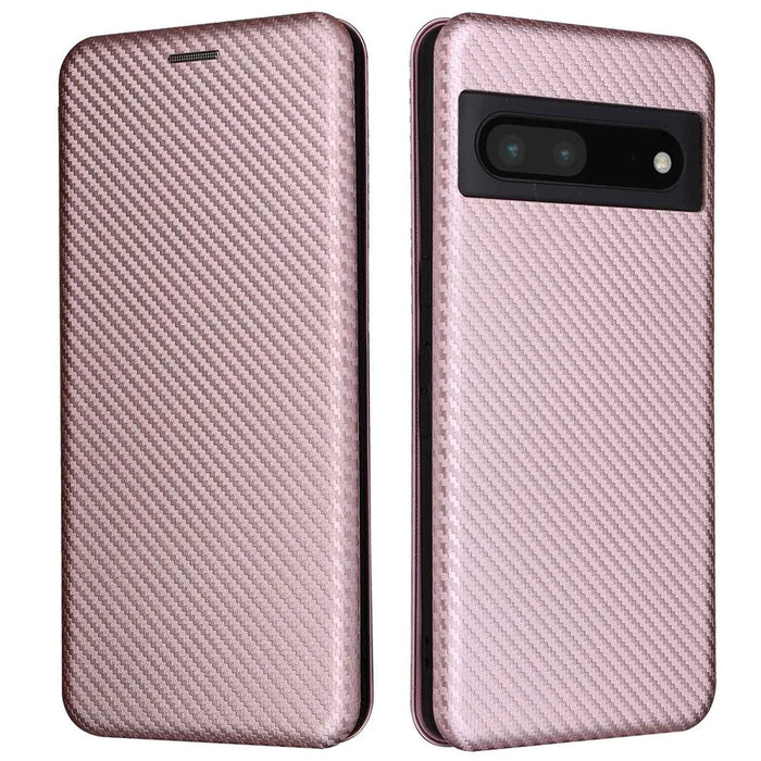 For Google Pixel 7 Pro 5G PU Leather Carbon Fiber Texture Cover Card Holder Stand Smartphone Protector - Rose Gold - 1