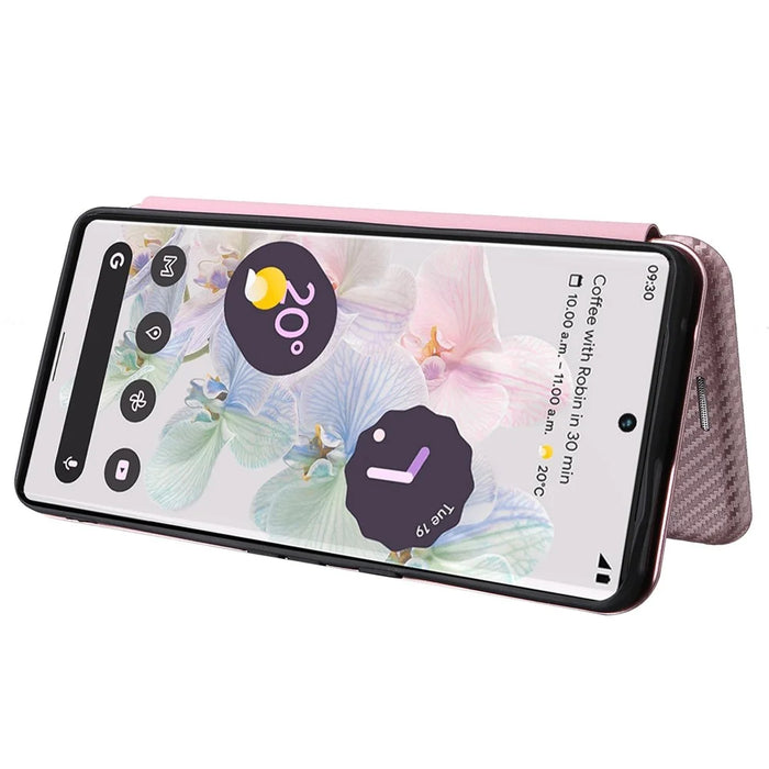For Google Pixel 7 Pro 5G PU Leather Carbon Fiber Texture Cover Card Holder Stand Smartphone Protector - Rose Gold - 3