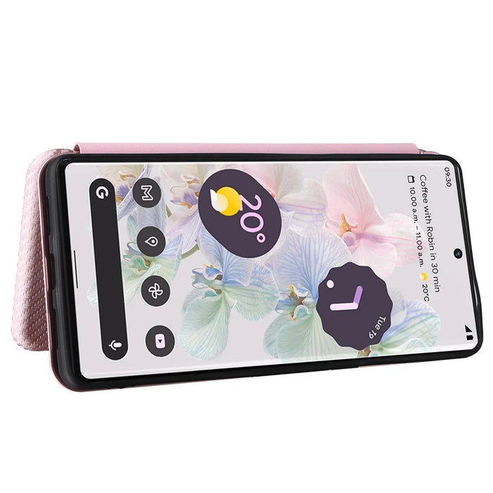 For Google Pixel 7 Pro 5G PU Leather Carbon Fiber Texture Cover Card Holder Stand Smartphone Protector - Rose Gold - 4