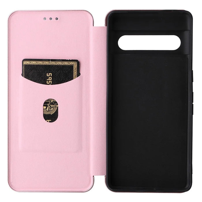 For Google Pixel 7 Pro 5G PU Leather Carbon Fiber Texture Cover Card Holder Stand Smartphone Protector - Rose Gold - 5