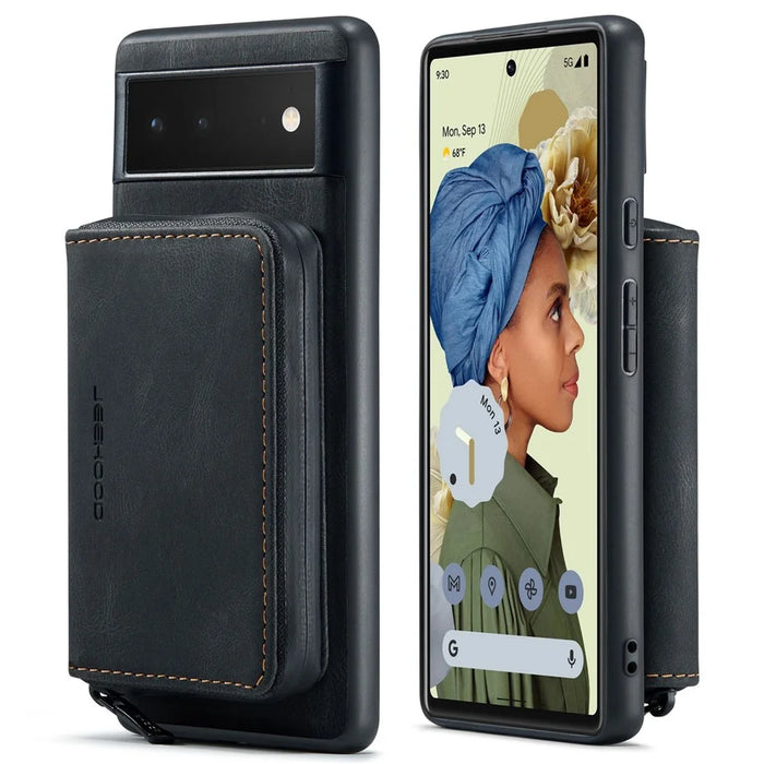JEEHOOD For Google Pixel 7 5G Kickstand Zipper Wallet Phone Case Detachable Leather Coated TPU Phone Case - Black - 1