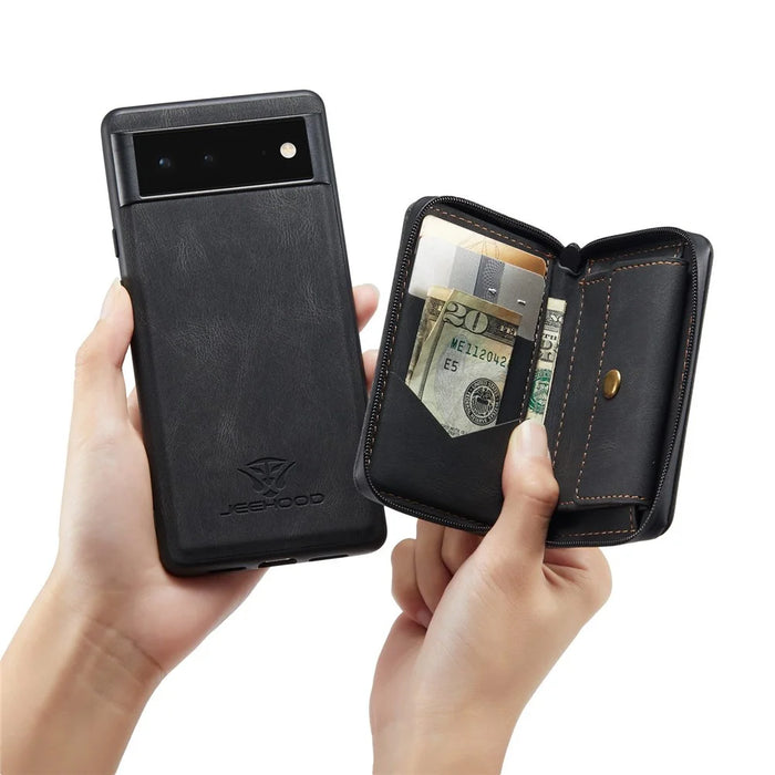 JEEHOOD For Google Pixel 7 5G Kickstand Zipper Wallet Phone Case Detachable Leather Coated TPU Phone Case - Black - 6