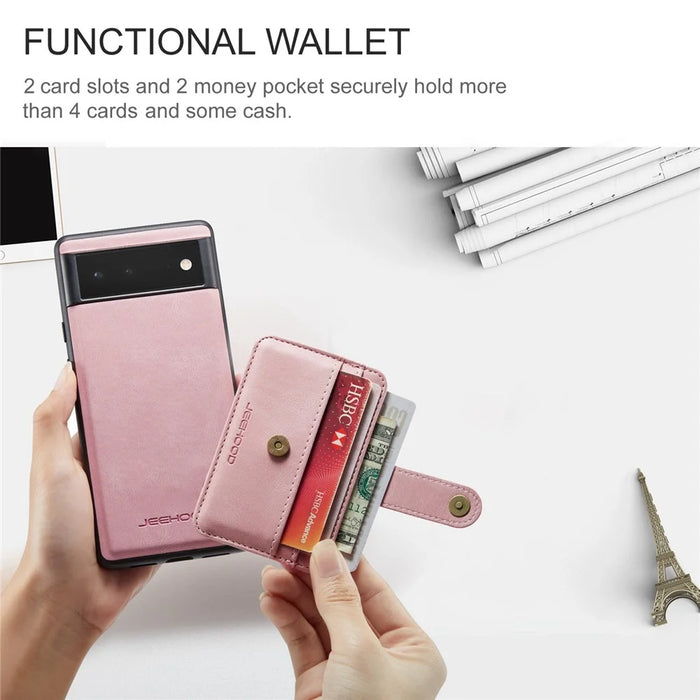 JEEHOOD Shockproof Phone Cover for Google Pixel 6 RFID Blocking Wallet Phone Case Anti-Scratch Phone Shell Support Wireless Charging - Pink - 4