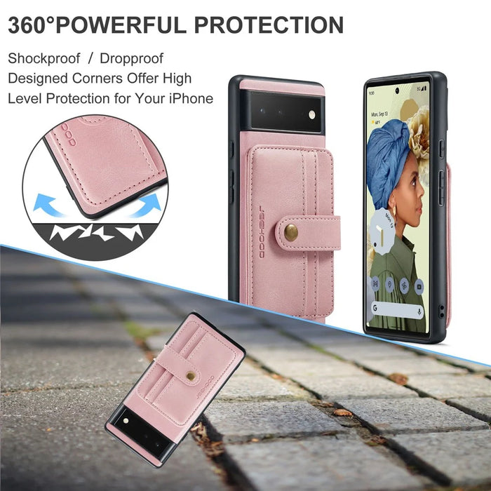 JEEHOOD Shockproof Phone Cover for Google Pixel 6 RFID Blocking Wallet Phone Case Anti-Scratch Phone Shell Support Wireless Charging - Pink - 5