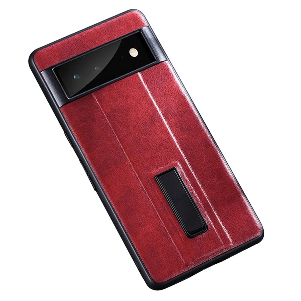 For Google Pixel 7 Pro 5G PU Leather Coated Hard PC Anti-Scratch Protective Shell Kickstand Hands-free Phone Cover - Red - 1