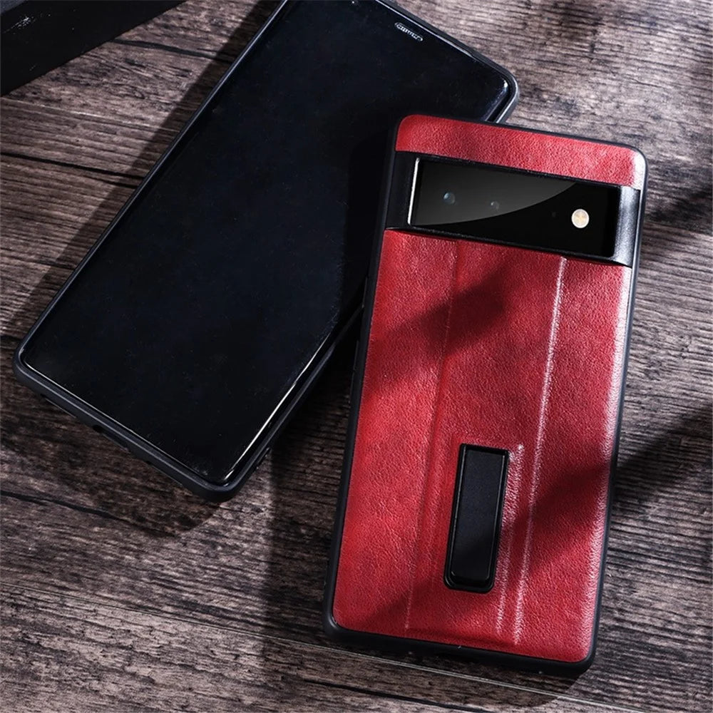 For Google Pixel 7 Pro 5G PU Leather Coated Hard PC Anti-Scratch Protective Shell Kickstand Hands-free Phone Cover - Red - 2