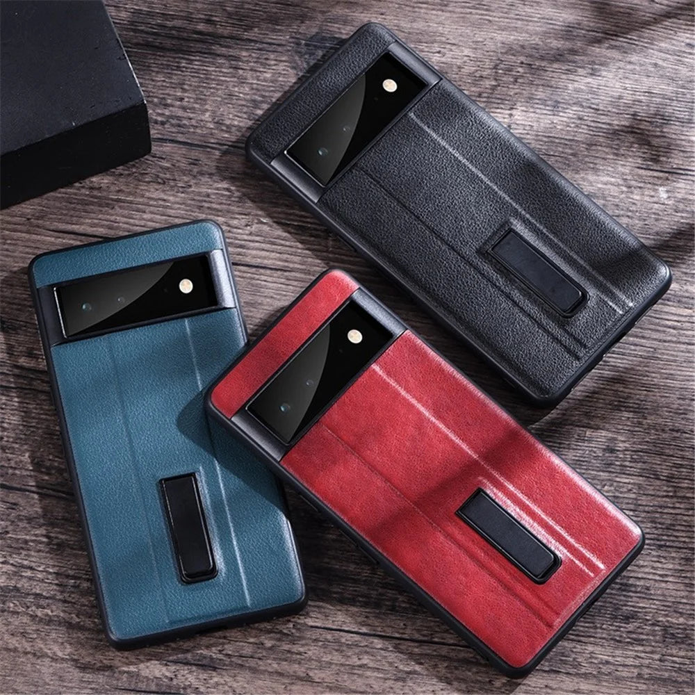 For Google Pixel 7 Pro 5G PU Leather Coated Hard PC Anti-Scratch Protective Shell Kickstand Hands-free Phone Cover - Red - 6