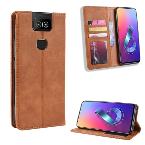 Vintage Style PU Leather Wallet Phone Cover for Asus Zenfone 6 ZS630KL/Zenfone 6z/Zenfone 6 2019 - Brown - 1