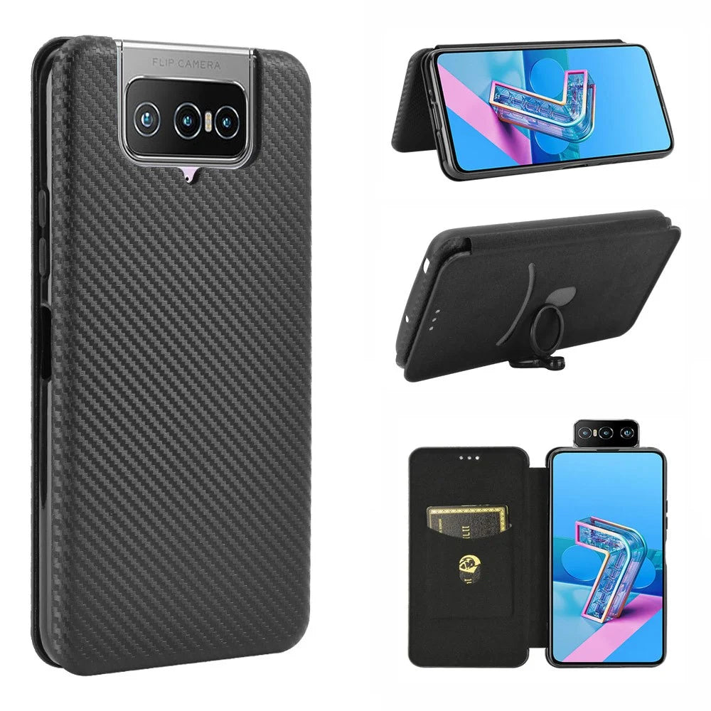 Auto-absorbed Carbon Fiber Texture Stand Leather Case with Card Slot for Asus Zenfone 7 ZS670KS/7 Pro ZS671KS - Black - 1