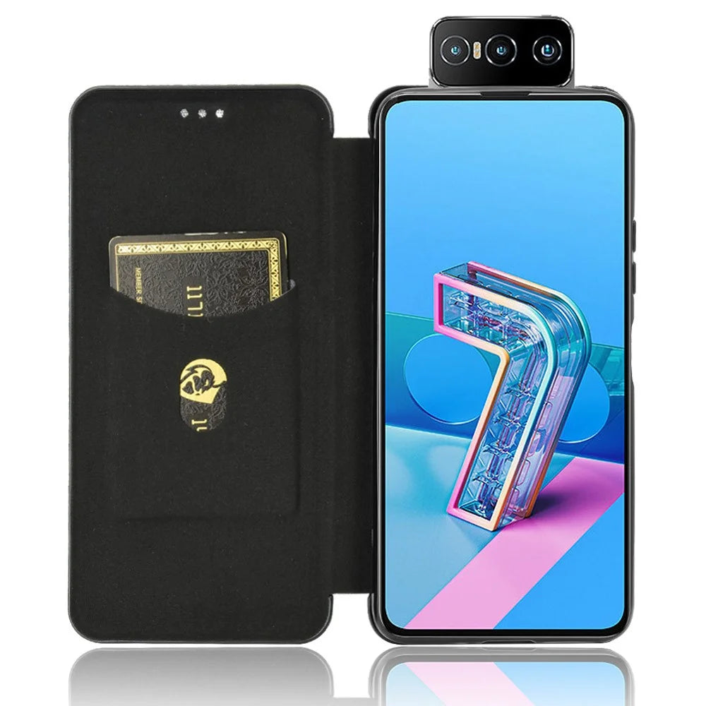 Auto-absorbed Carbon Fiber Texture Stand Leather Case with Card Slot for Asus Zenfone 7 ZS670KS/7 Pro ZS671KS - Black - 6