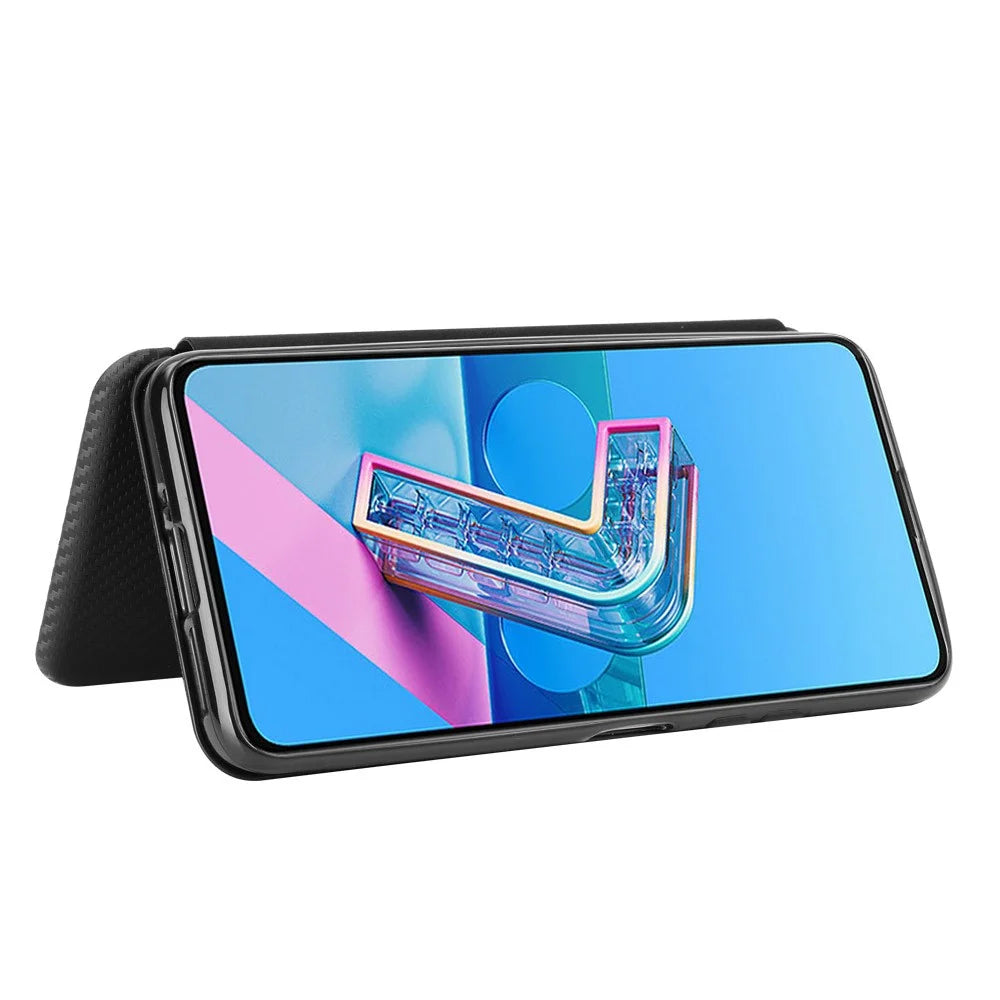 Auto-absorbed Carbon Fiber Texture Stand Leather Case with Card Slot for Asus Zenfone 7 ZS670KS/7 Pro ZS671KS - Black - 7