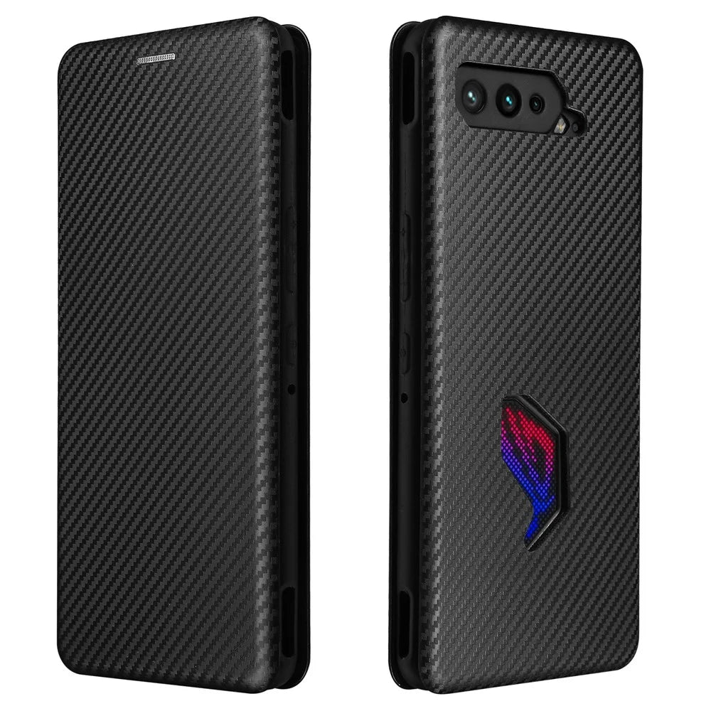 Carbon Fiber Texture Cell Phone Stand Cover for Asus ROG Phone 5 Auto-absorbed Leather Case - Black - 1