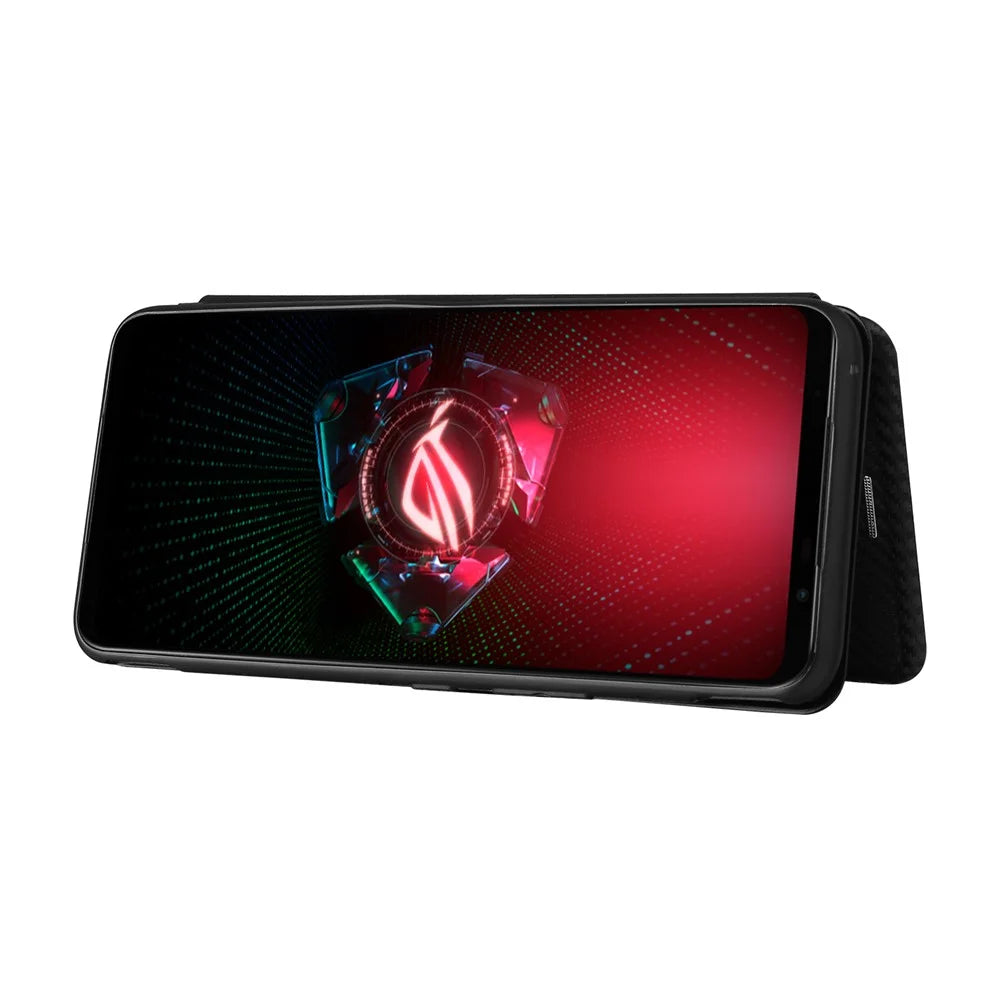 Carbon Fiber Texture Cell Phone Stand Cover for Asus ROG Phone 5 Auto-absorbed Leather Case - Black - 3