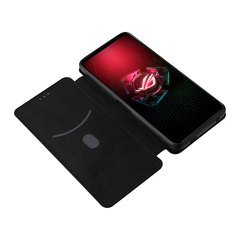 Carbon Fiber Texture Cell Phone Stand Cover for Asus ROG Phone 5 Auto-absorbed Leather Case - Black - 4