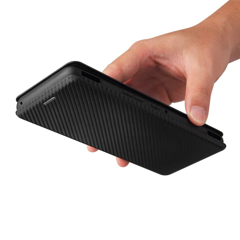 Carbon Fiber Texture Cell Phone Stand Cover for Asus ROG Phone 5 Auto-absorbed Leather Case - Black - 6