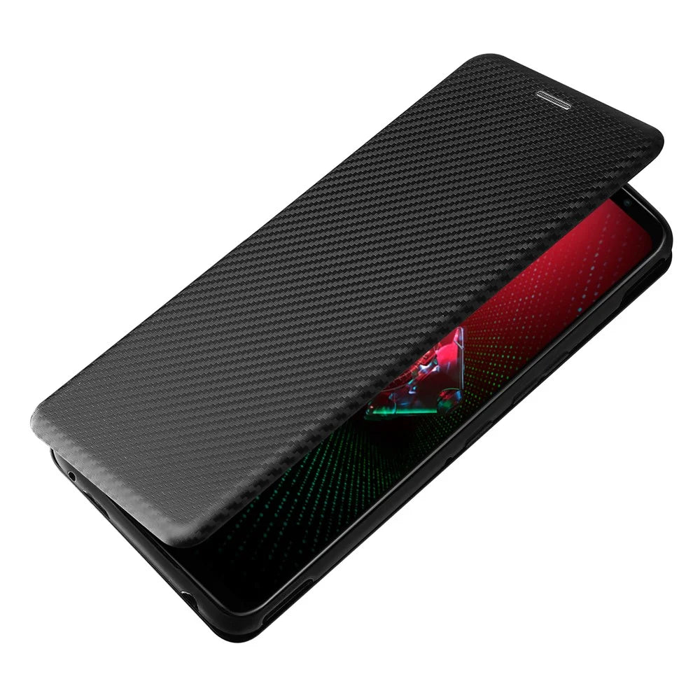 Carbon Fiber Texture Cell Phone Stand Cover for Asus ROG Phone 5 Auto-absorbed Leather Case - Black - 7