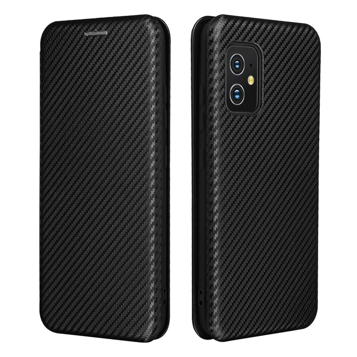 Carbon Fiber Texture Auto-absorbed Leather Cell Phone Case Shell with Card Holder for Asus Zenfone 8 - Black - 1