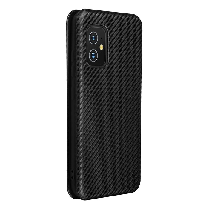 Carbon Fiber Texture Auto-absorbed Leather Cell Phone Case Shell with Card Holder for Asus Zenfone 8 - Black - 2