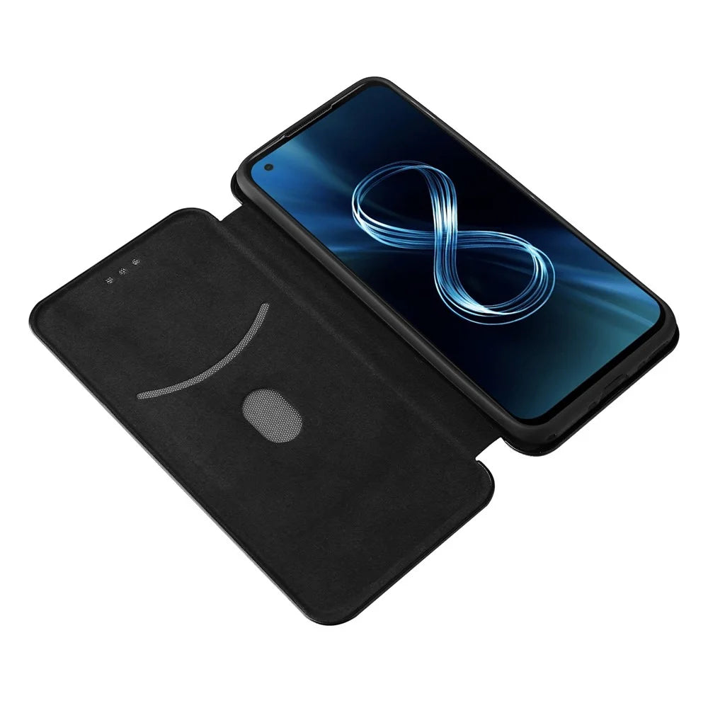 Carbon Fiber Texture Auto-absorbed Leather Cell Phone Case Shell with Card Holder for Asus Zenfone 8 - Black - 7