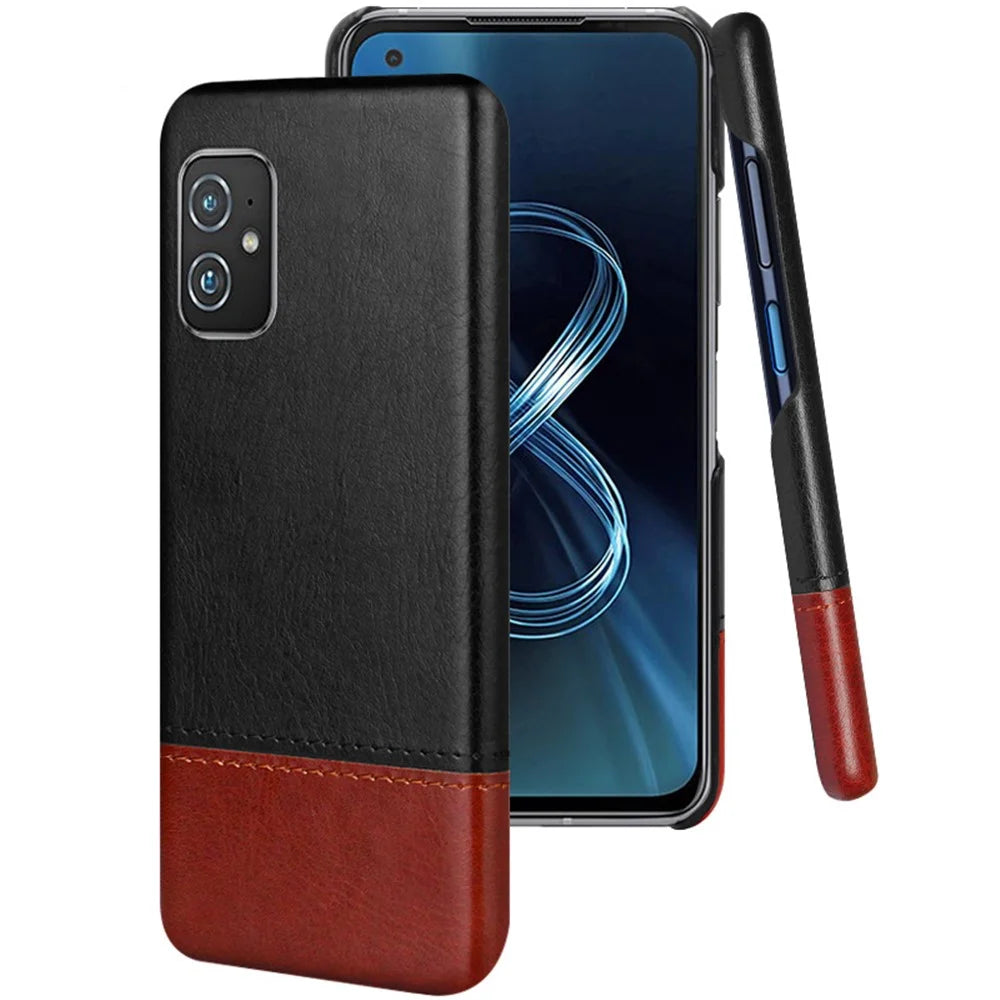IMAK Ruiyi Series Bi-Color PU Leather Coated PC Cell Phone Back Case Shell with Screen Protector for Asus Zenfone 8 ZS590KS - Black / Brown - 1