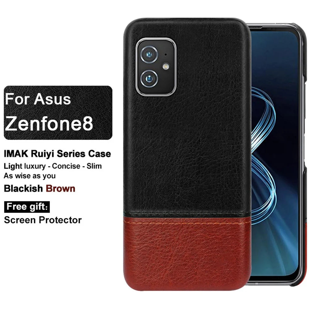 IMAK Ruiyi Series Bi-Color PU Leather Coated PC Cell Phone Back Case Shell with Screen Protector for Asus Zenfone 8 ZS590KS - Black / Brown - 2