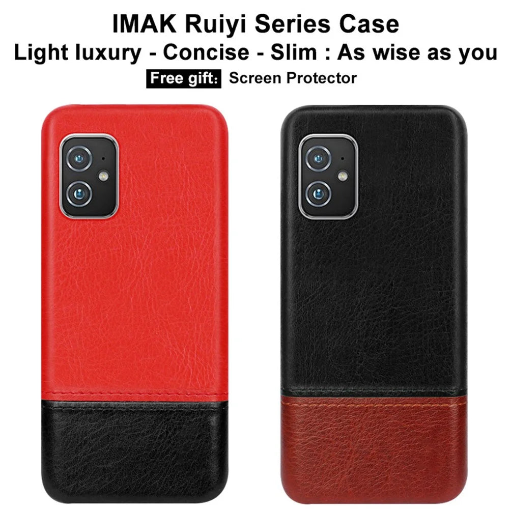 IMAK Ruiyi Series Bi-Color PU Leather Coated PC Cell Phone Back Case Shell with Screen Protector for Asus Zenfone 8 ZS590KS - Black / Brown - 3