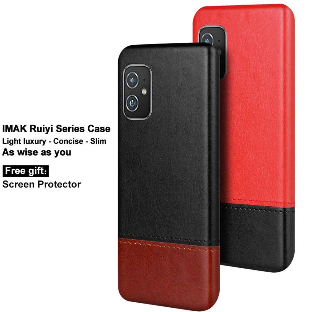 IMAK Ruiyi Series Bi-Color PU Leather Coated PC Cell Phone Back Case Shell with Screen Protector for Asus Zenfone 8 ZS590KS - Black / Brown - 4