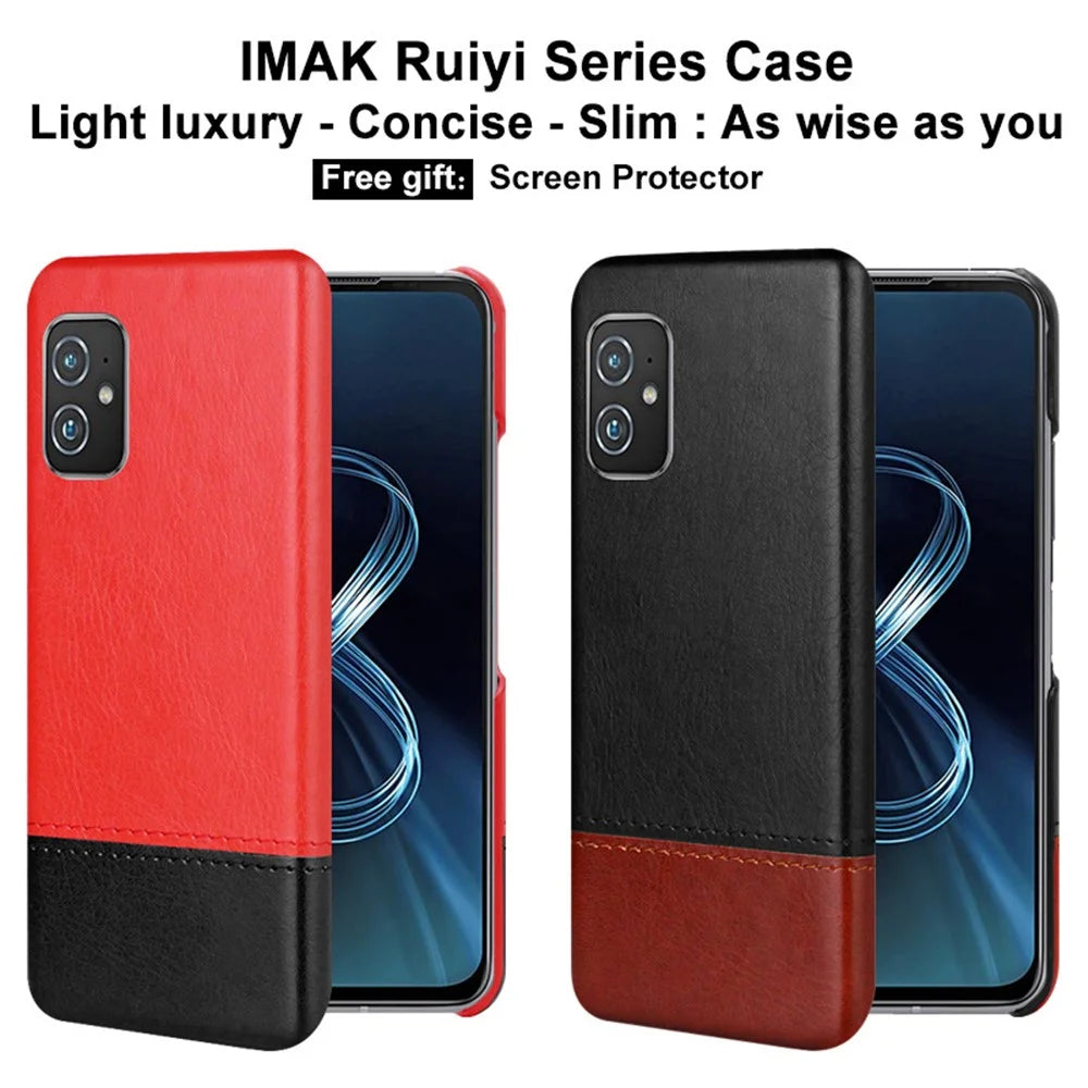 IMAK Ruiyi Series Bi-Color PU Leather Coated PC Cell Phone Back Case Shell with Screen Protector for Asus Zenfone 8 ZS590KS - Black / Brown - 5
